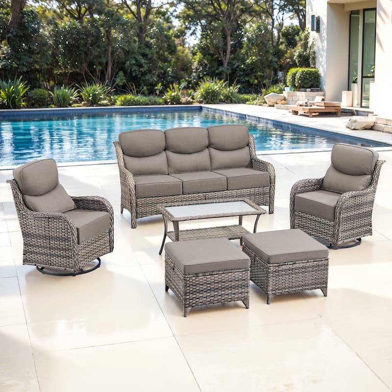 Gymojoy 6-Piece Patio Furniture Set with Swivel Glider Chairs, 6-Inch Ultra-Plush Cushions & Water-Resistant Olefin Fabric - Grey Wicker / Grey Cusion - 6-Piece