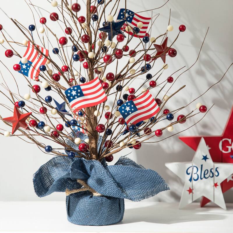 Glitzhome 20"H Patriotic July 4th Berry Stars Table Tree