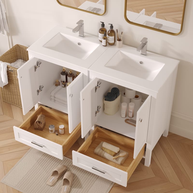 EROMMY All-in-One Bathroom Vanity with Ceramic Sink, Soft-Close Storage Cabinet & Drawer, Glossy Countertop, White