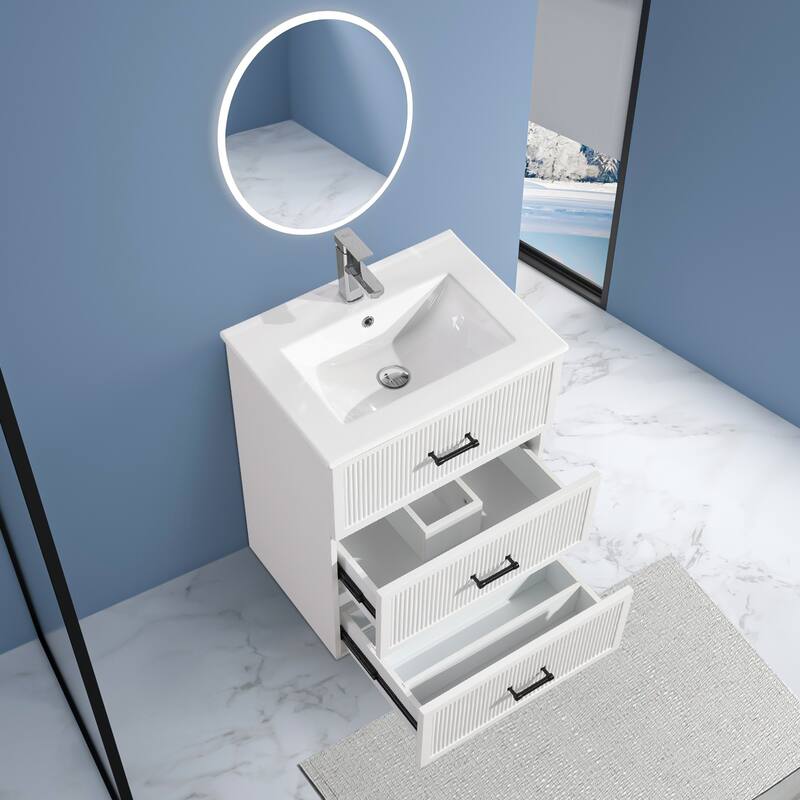 30" Freestanding Bathroom Vanity with Ceramic Sink and 2 Storage Drawers, Stylish Gray Floor Cabinet