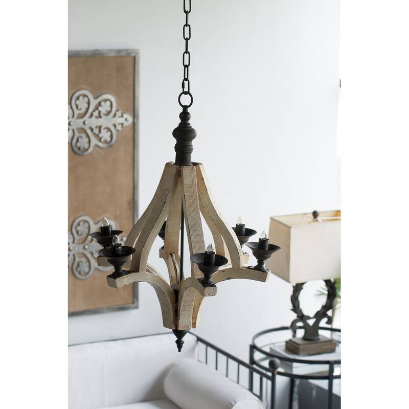 6-Light Wood Chandelier, Hanging Light Fixture with Adjustable Chain for Foyer Entryway, Pendant Ceiling Lighting Fixture