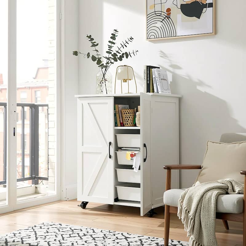 Homy Casa Kitchen Pantry Cabinet Barn Doors Wheels, White Storage