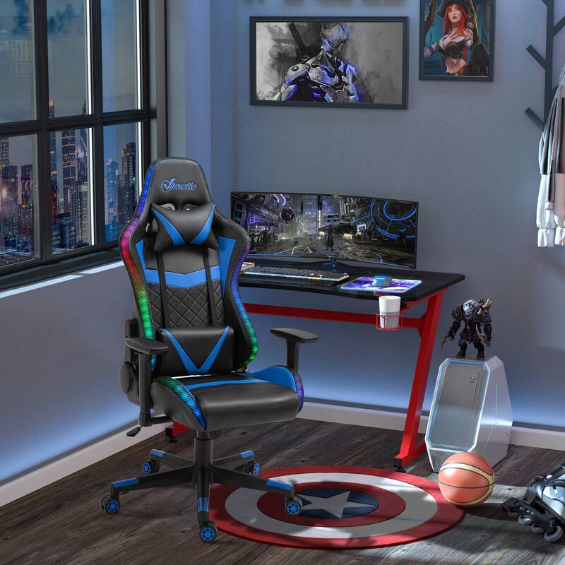 Vinsetto Gaming Chair with RGB LED Light, 3D Arm, Lumbar Support, Swivel Home Office Computer Recliner High Back Racing Gamer - Blue