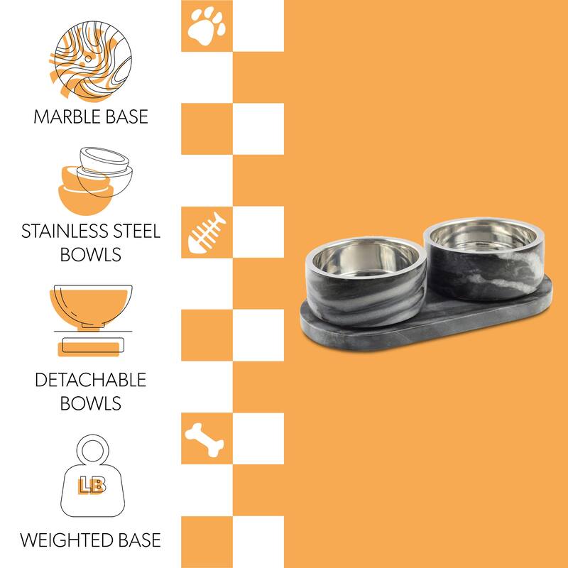 Marbre 12oz Double Pet Bowl Set - Marble & Stainless Steel with Non-Slip Tray