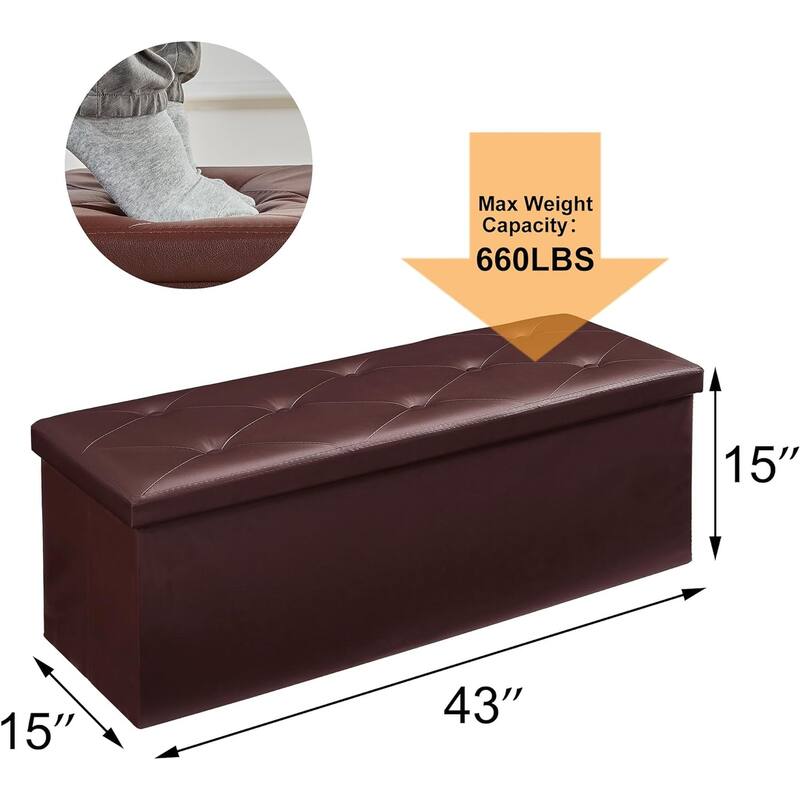 VECELO Folding Storage Ottoman, Bedroom Storage Bench, Versatile Footrest Footstool Tufted Faux Leather Chest for Living Room
