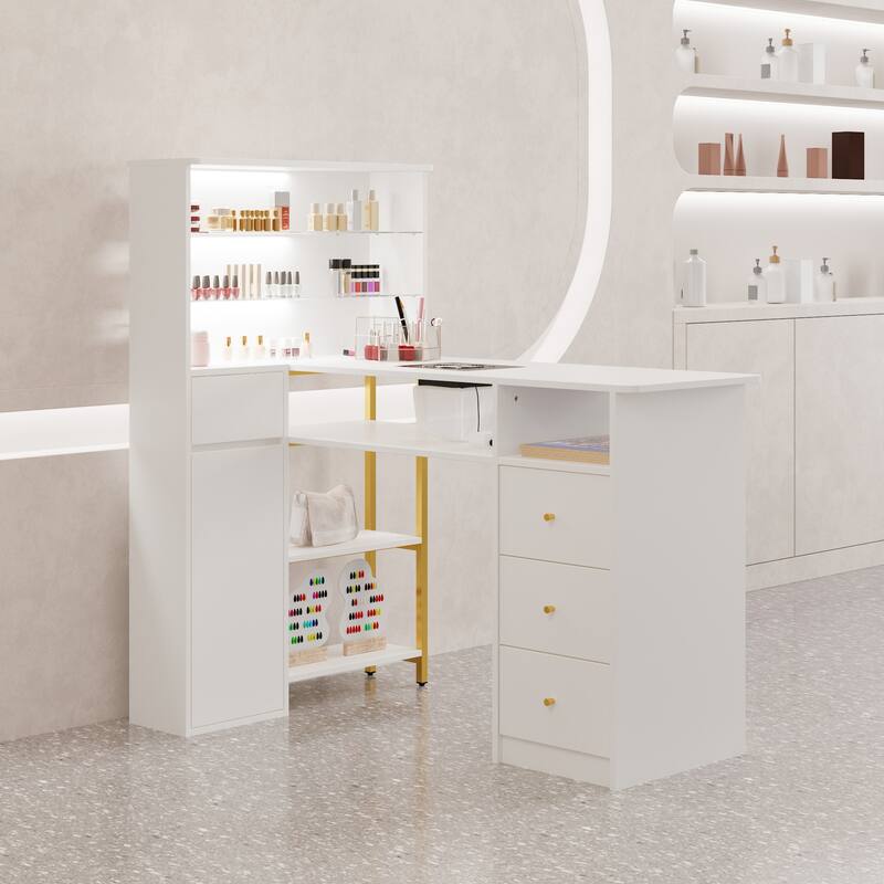 White Nail Desk with Dust Collector, Glass Shelf & Gold Handles – Manicure Station for Salon and Home