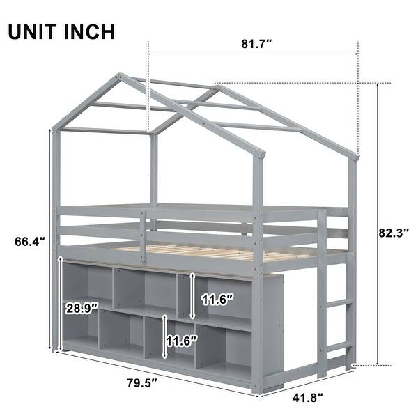Gray Twin Size Wood House Loft Bed with Roof Frame, Under Bed Shelving Storage Unit, Guardrails, Ladder