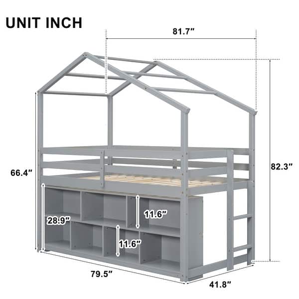 dimension image slide 1 of 2, Playhouse Design Loft Bed with Roof Frame, Under Bed Shelving Storage, Guardrails, Ladder, Twin