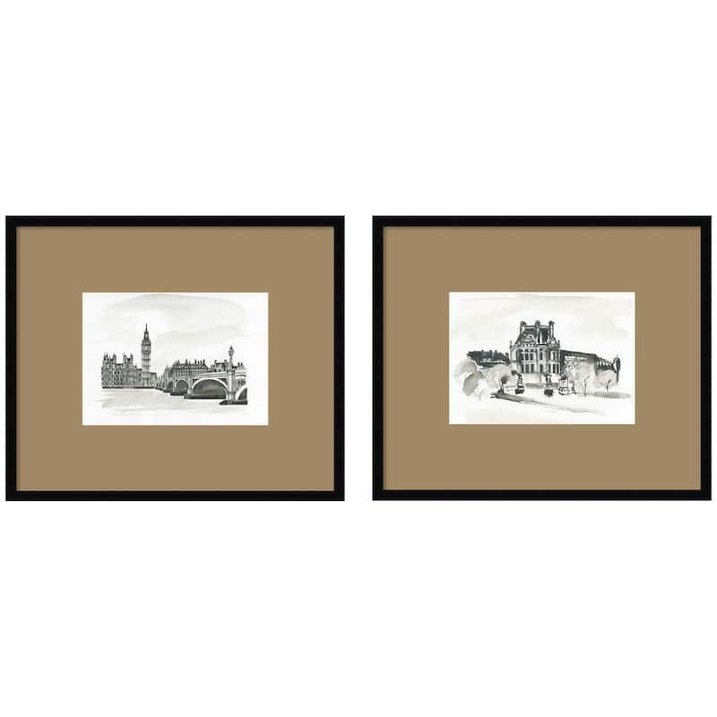 Kate and Laurel Vintage Postcard London & Paris 2 Piece Framed Wall Art Print Set by Teju Reval Brown Mat - 2 Piece Set 21x25 - Black