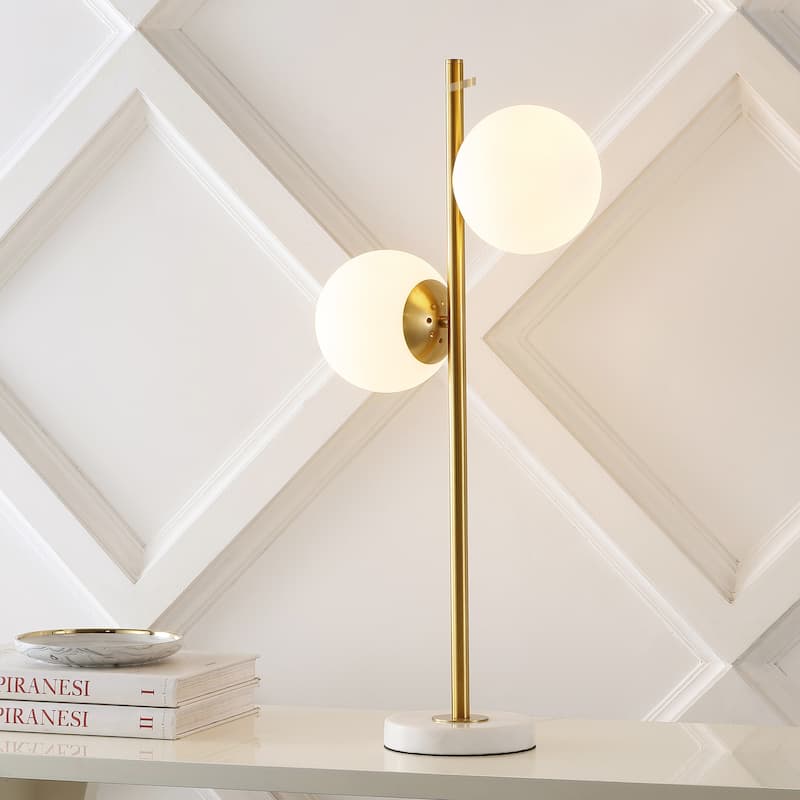 Dino 28" 2-Light Coastal Vintage Iron LED Table Lamp, Brass Gold/White by JONATHAN Y