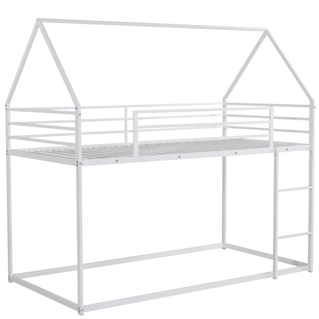 Twin Over Twin Metal Bunk Bed, Playhouse Bunk Beds w/Safety Guardrail & Ladder, Metal Twin Bunk Bed Frame, No Box Spring Needed