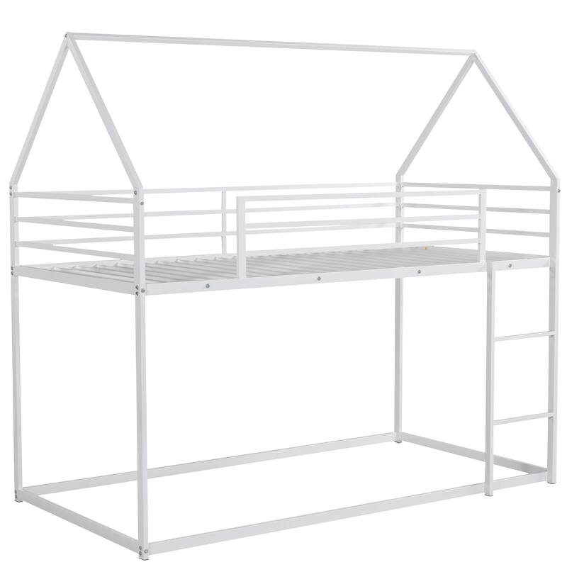 Twin over Twin House Bunk Bed with Built-in Ladder House Shaped Metal Floor Bunk Beds w/Length Guardrail, No Box Spring Needed