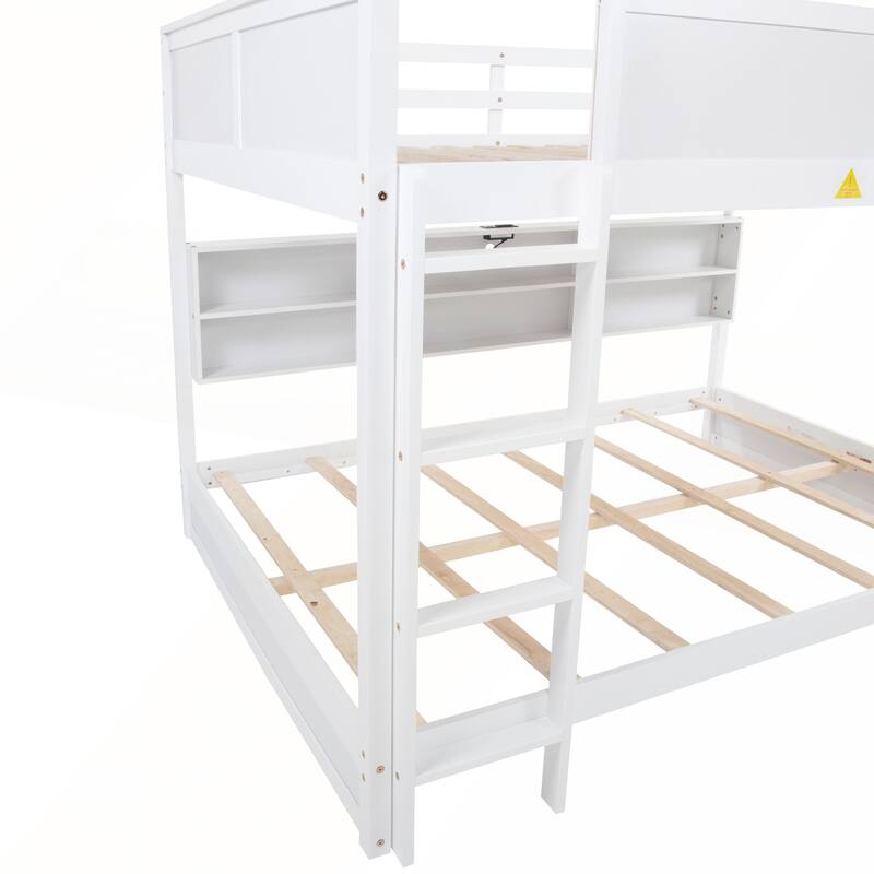 Queen Over Queen Bunk Bed with Built-in Storage Cabinets and Charging Station