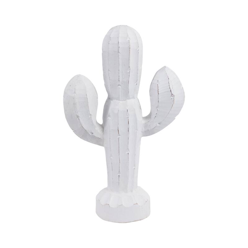 Wood Cactus Shape Handcarved Figurine - White, 14 in.
