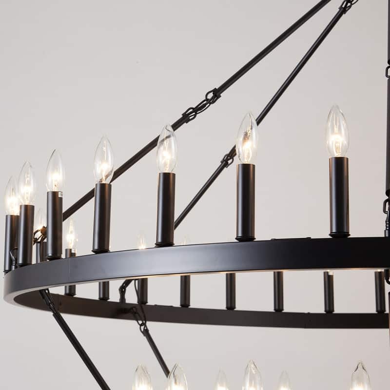 60-Inch Black Extra Large Wagon Wheel Chandelier, 2 Tier 54-Light Farmhouse Round High Ceiling Pendant Light - 60