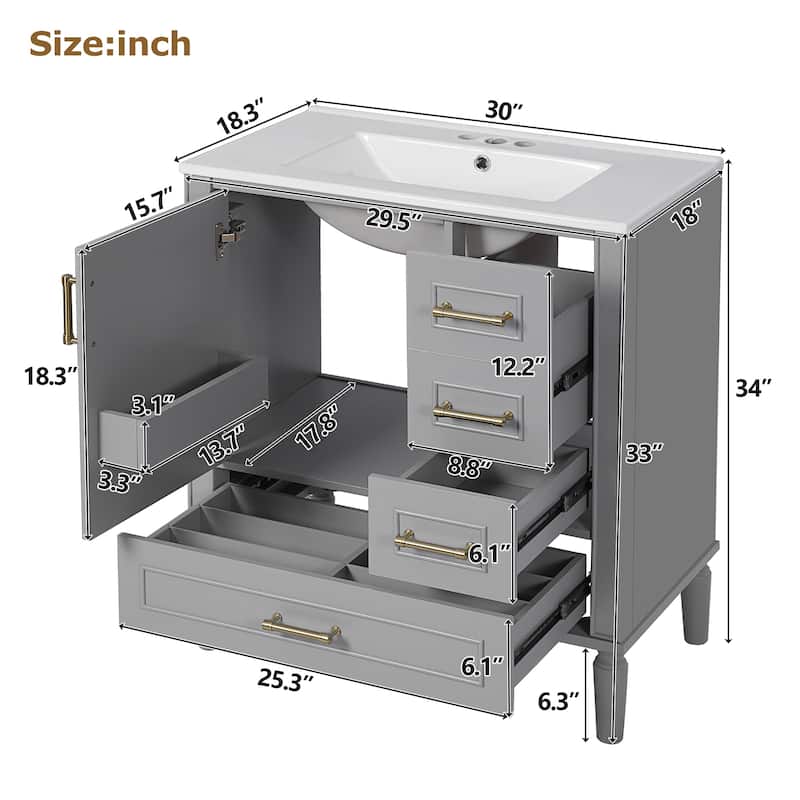30" Bath Vanity with Ceramic Sink - Soft-Close Doors, 3 Drawers & Built-in Shelf, Modern Design