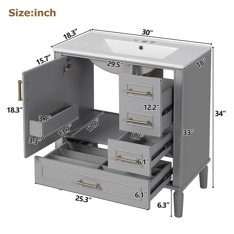 30" Bathroom Vanity with Ceramic Sink Storage Cabinet with Built-in Shelf and 3 Drawer