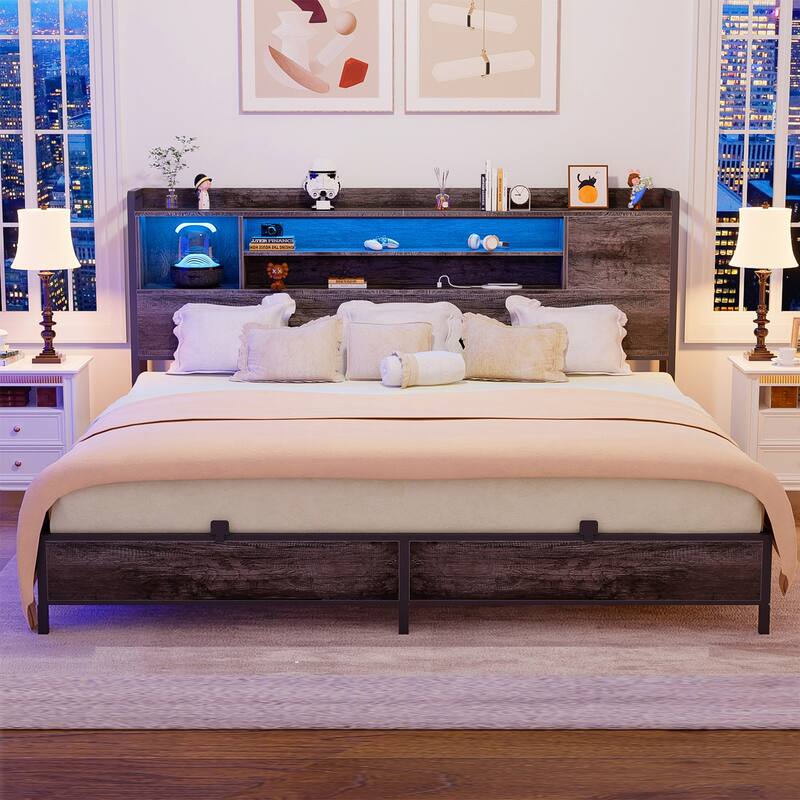 Platform Bed Frame with Reversible Storage Bookcase Headboard and Charging Station and RGB LED Lights