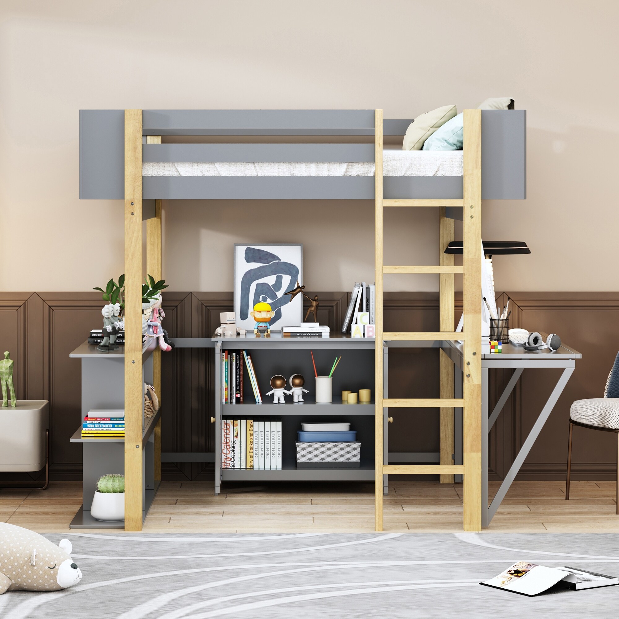 Twin Size Student Loft Bed with Staircase Cabinet