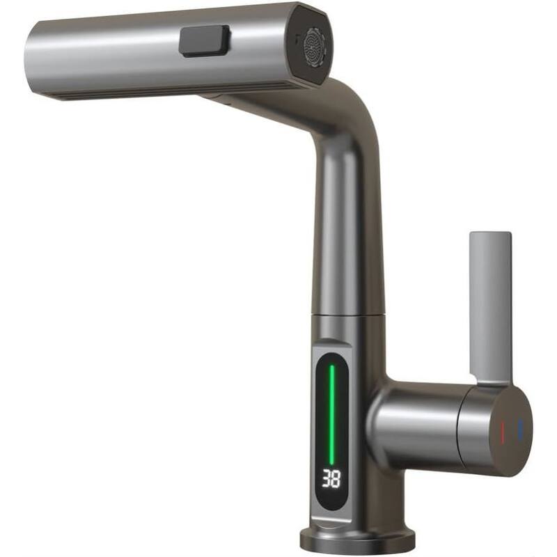 Pull-Out Lift LED Temperature Digital Display Bathroom Basin Faucet Single Handle 360 Degree Rotatable Waterfall Basin Tap - Gray