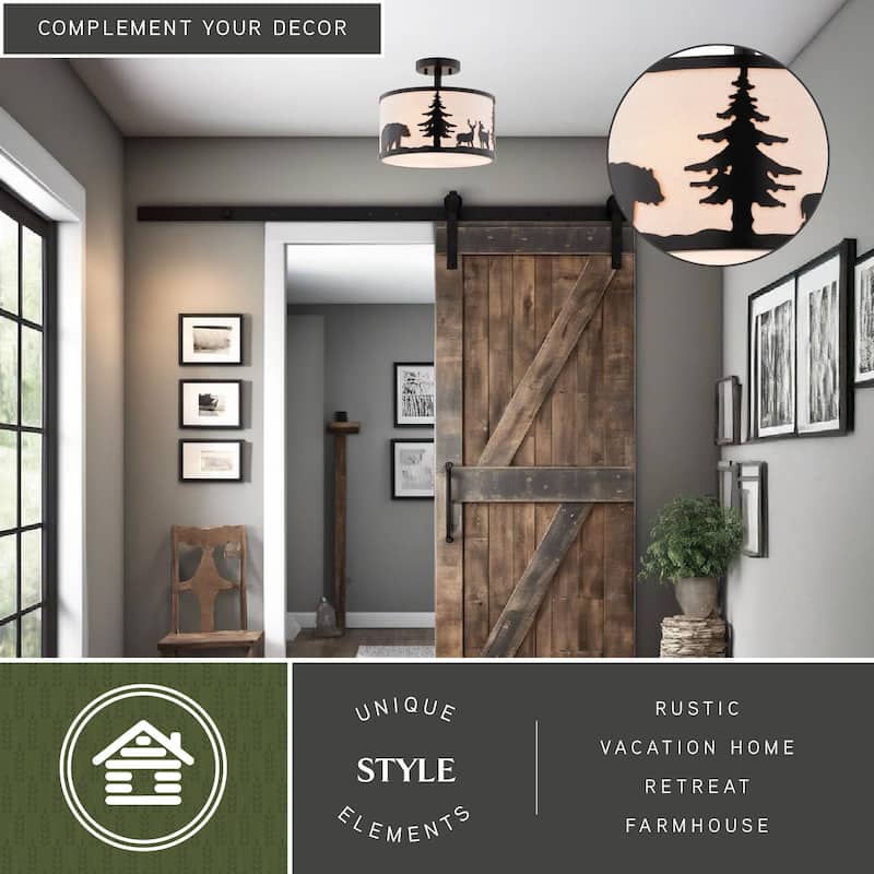 Acadia 13-in W Bronze Rustic Semi Flush Mount Ceiling Light White Linen Deer Tree - 13-in W x 11.25-in H x 13-in D