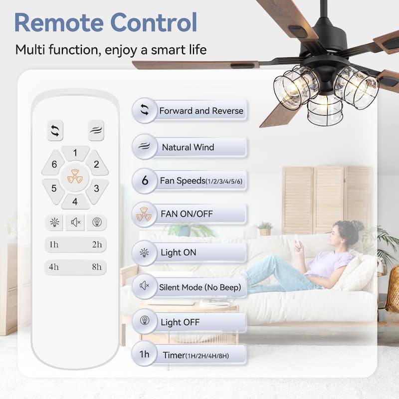 52" Industrial Reversible 5-Blade Glass Shade Ceiling Fan with Light and Remote