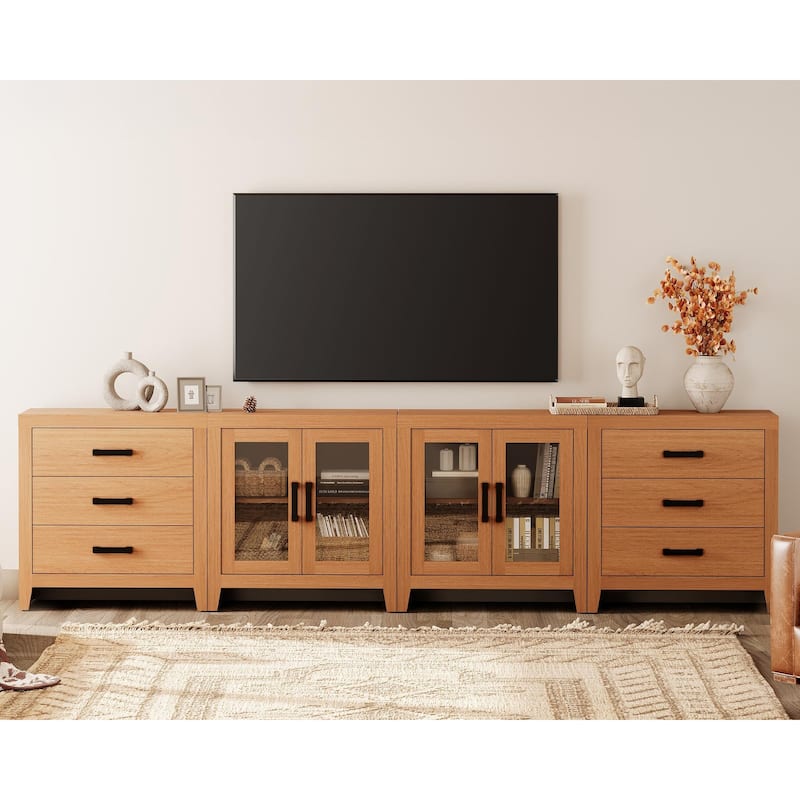 WAMPAT Extra Wide 126" Farmhouse TV Stand, Wood Media Console with 6 Drawers & 2 Glass Cabinets - Mocha