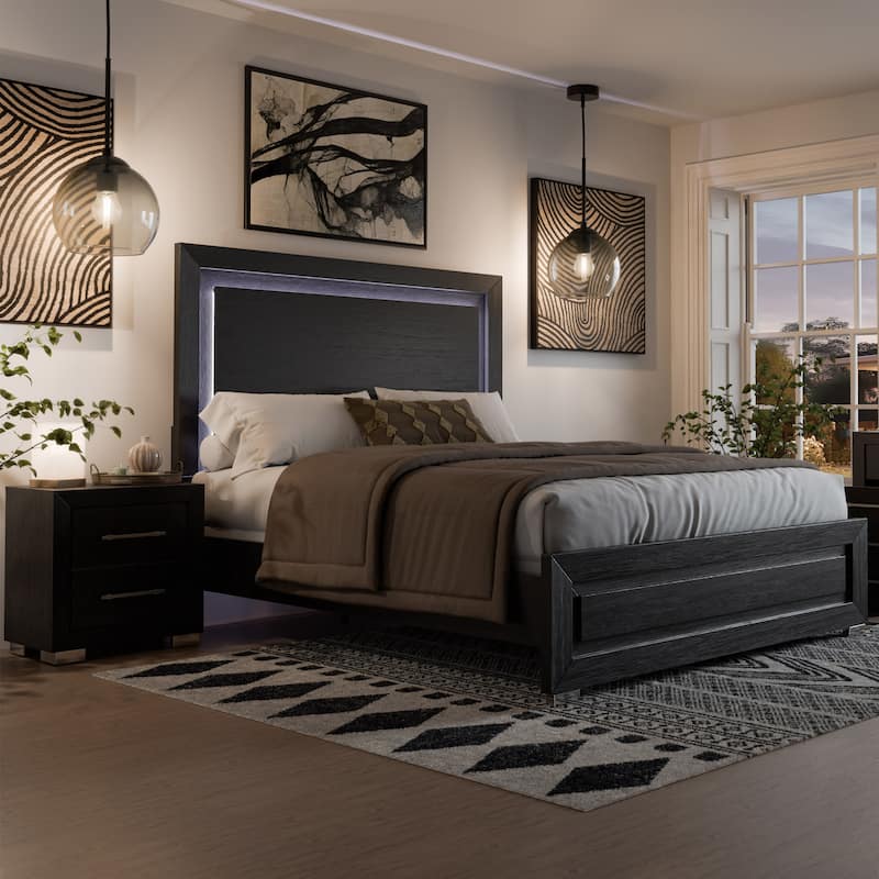 Furniture of America Alaric Modern 2-Piece Black Wood Panel Bedroom Set with LED Headboard - California King