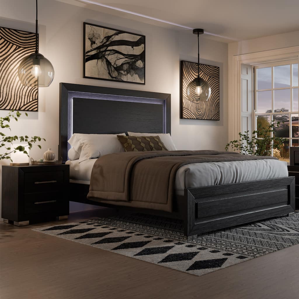 Furniture of America Alaric Modern 2-Piece Black Wood Panel Bedroom Set with LED Headboard