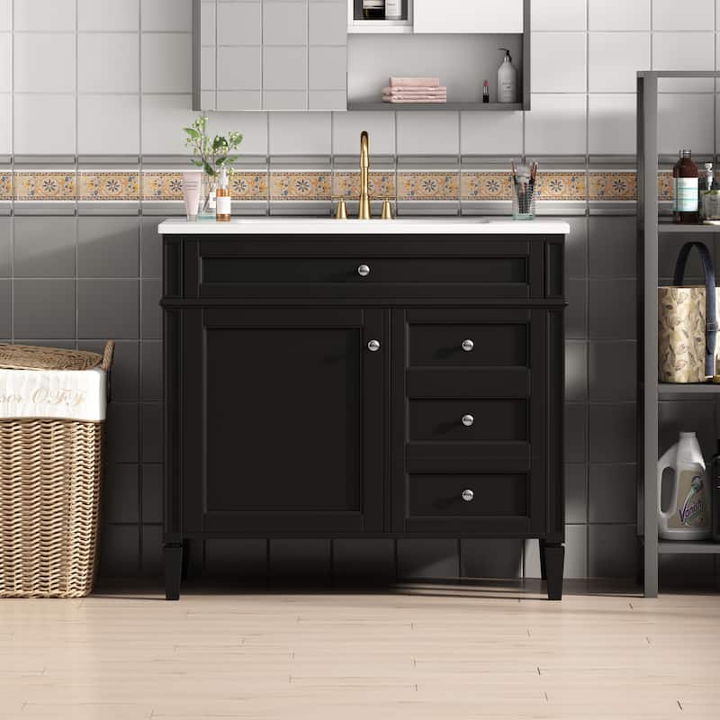 Modern Storage Cabinet Bathroom Vanity with Resin Sink, Tip-out Drawer, 2 Drawers, Side Door Organizer and Adjustable Shelf