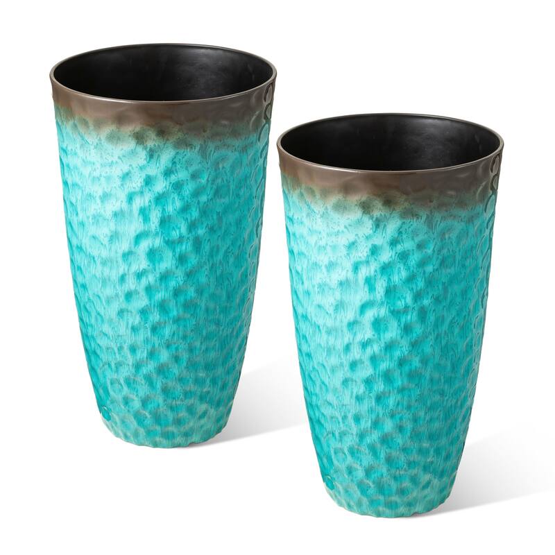 Glitzhome 23.75"H Set of 2 Oversized Eco-Friendly PP and Stone Honeycomb Textured Blue/Green/Red Tall Plastic Planter