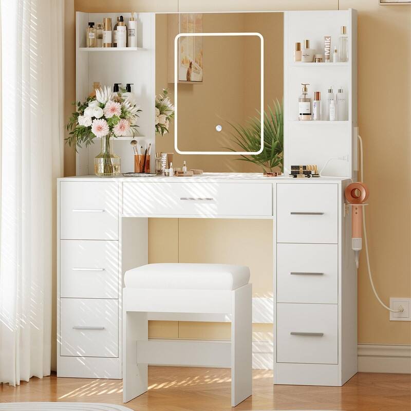 Vanity Desk with LED Lighted Mirror and Stool, 7 Drawers, 6 Open Shelves