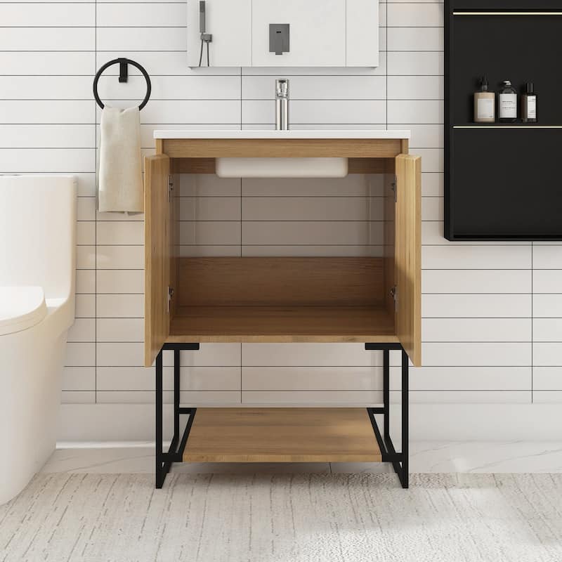 Freestanding Bathroom Vanity Set in Oak with Integrated Solid Surface Sink