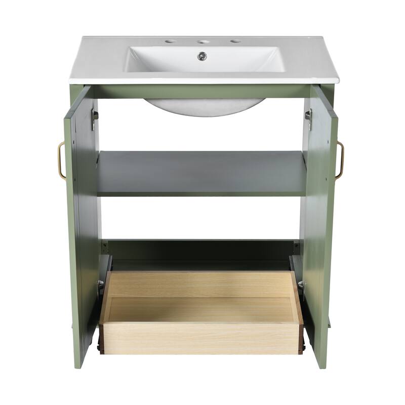 30-Inch Green Bathroom Vanity with Ceramic Sink, Roman Legs, Adjustable Soft-Close Hinges, and Ample Storage