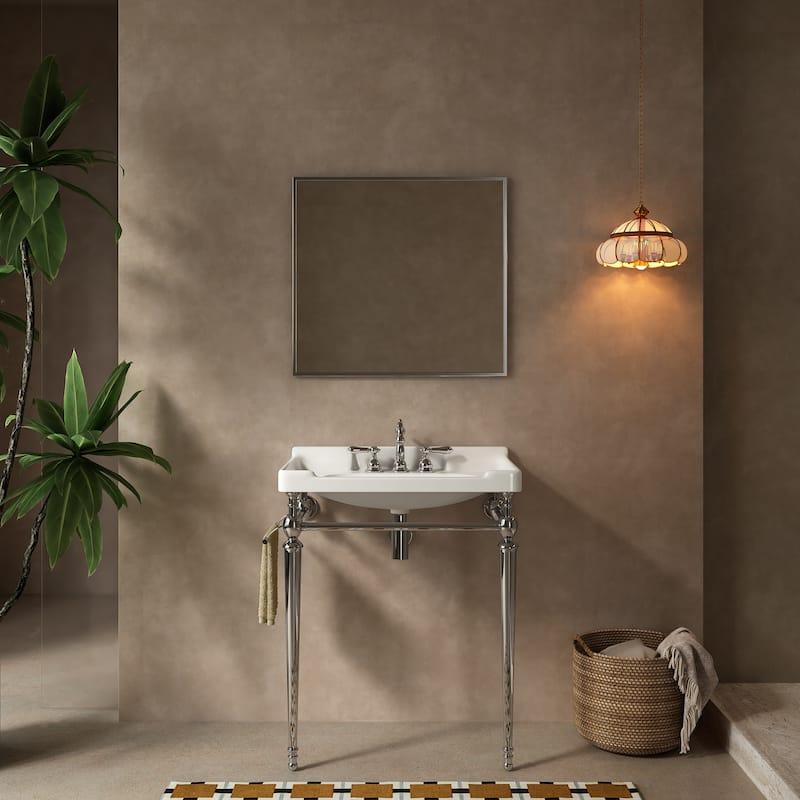28" Bathroom Console Sink, Wall-Mounted Ceramic Vanity Basin with 3 Pre-drilled Faucet Holes with Towel Bar - Chrome,White