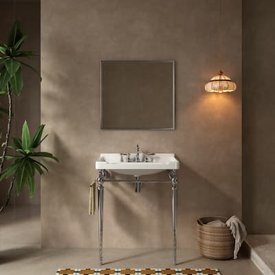 28" Bathroom Console Sink, Wall-Mounted Ceramic Vanity Basin with 3 Pre-drilled Faucet Holes with Towel Bar