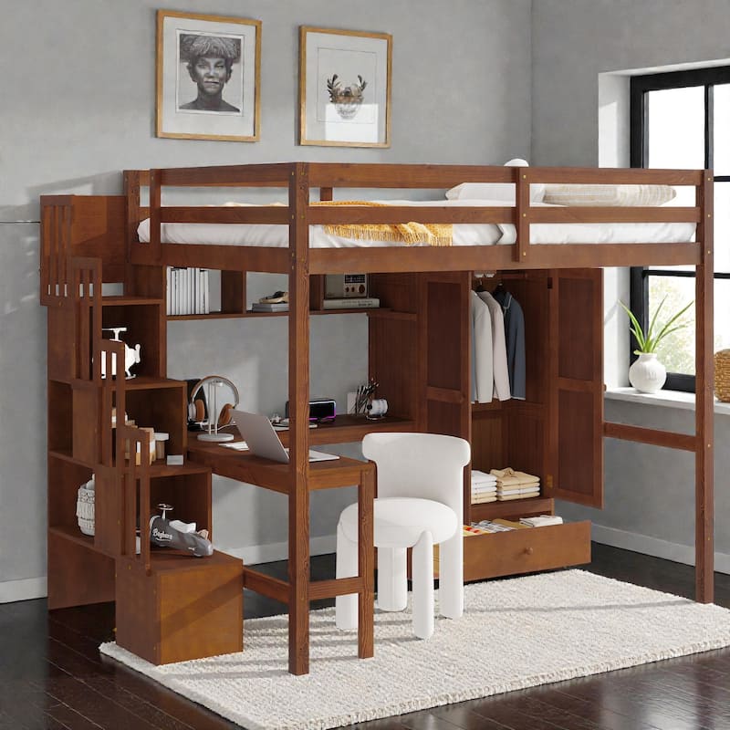 Full Size Wood Loft Bed with Desk, Wardrobe and Storage Staircase, USB Charging Station, Safety Guardrails - Walnut - Full