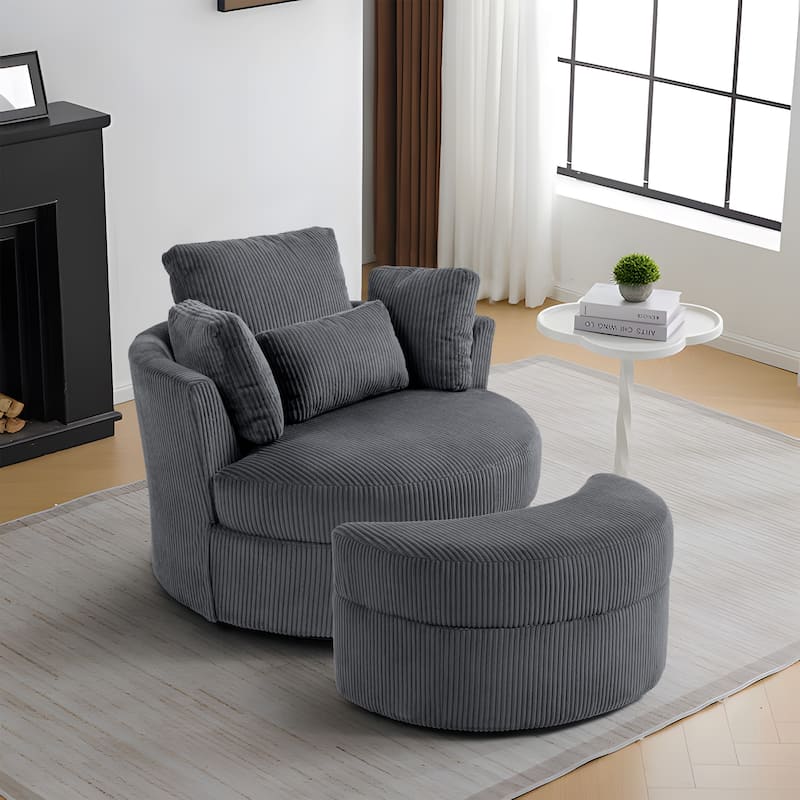 Upholstered Swivel Accent Chair with Wooden Tray Storage Ottoman - Chair & Ottoman Sets - GRAY/Corduroy