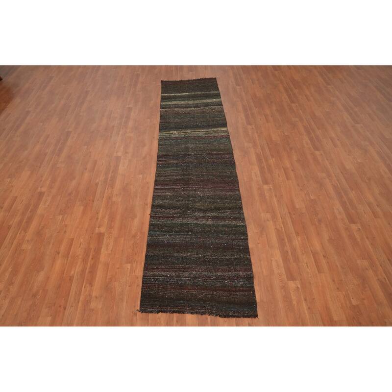 Hand Woven Oriental 100% Wool Carpet Modern Tribal Multi-Colored Kilim Runner Rug - 11' 2'' X 2' 8''