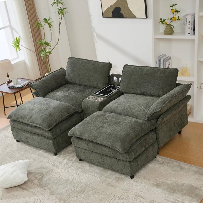 U-Shaped Chenille Modular Sofa with Bluetooth Speakers, Wireless Charging, Storage Console, 2 Cup Holders & Movable Ottoman