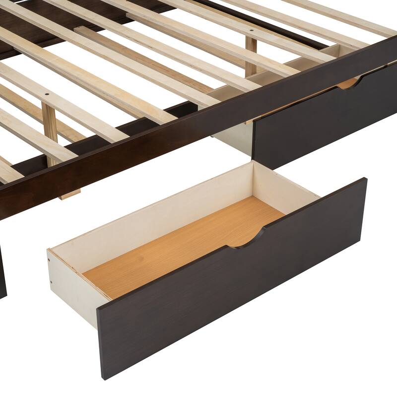 Espresso Modern Queen Size Wooden Platform Bed with Trundle and 2 Drawers for Bedroom