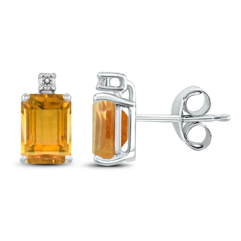 Marquee 14K White Gold 6x4MM Emerald Shaped Citrine and Diamond Earrings