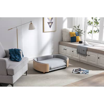 Scandinavian style Elevated Dog Bed Pet Sofa With Solid Wood legs and Bent Wood Back, Velvet Cushion,Large Size