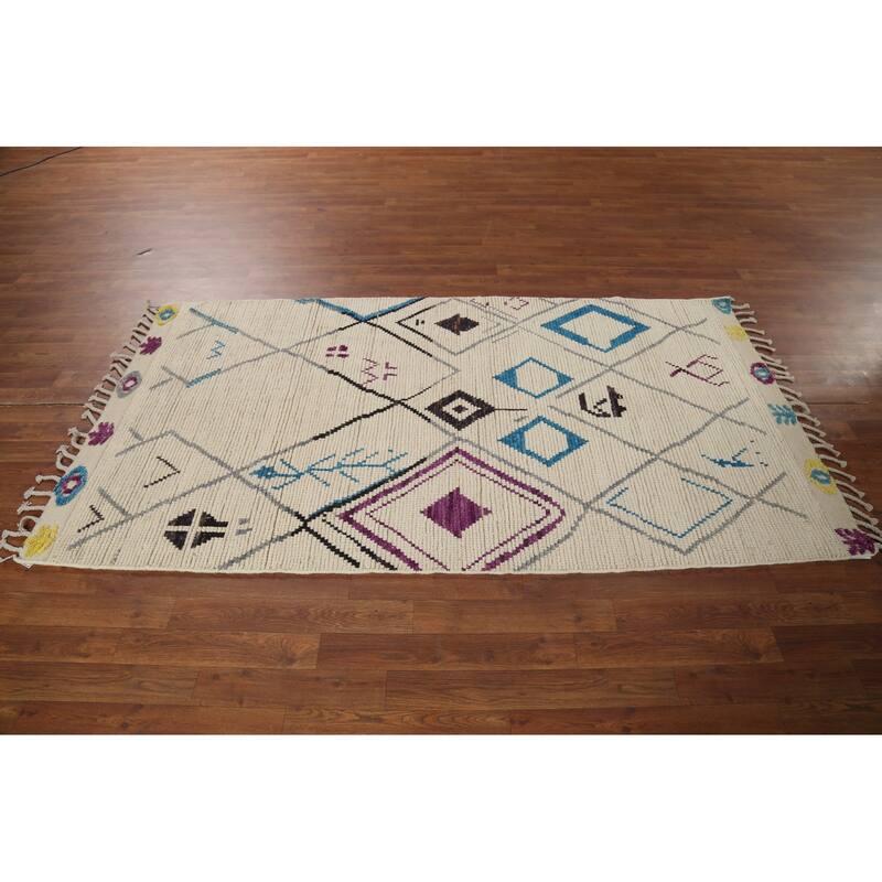 Striped Ivory Moroccan Oriental Area Rug Handmade Wool Carpet - 3'10"x 6'11"