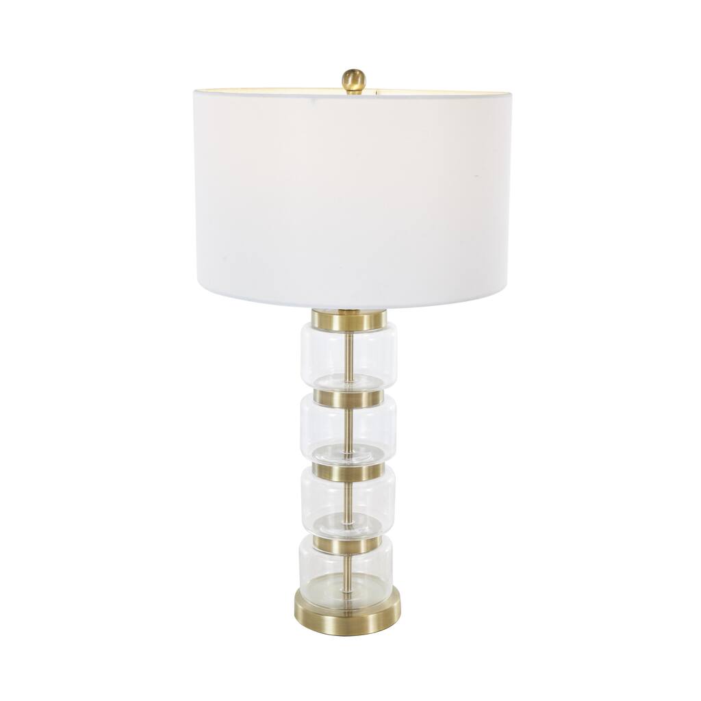 Glass Stacked Jars Room Table Lamp with White Drum Shade and Gold Metal Accents - Clear - Roche River Decor