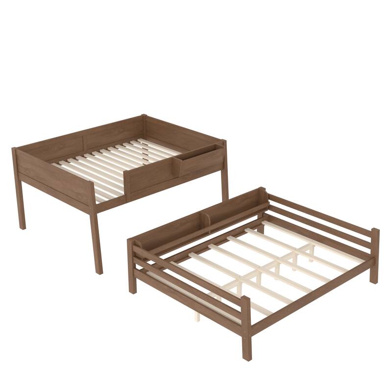 Queen Bunk Bed With Storage Shelf and Bookshelf,Wood Bunk Bed with Ladder and Guardrails,Detachable Design