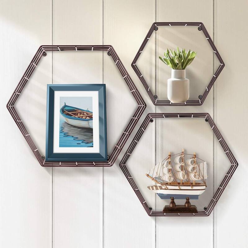 Metal Wire Hexagon Design Wall Mounted Floating Shelves, Set of 3