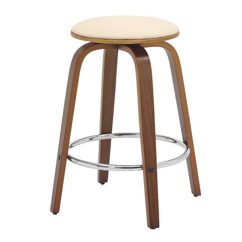 Leather Counter Stool Swivel Round Seat Poplar Wood Frame Iron Foot Rest - Walnut/Cream
