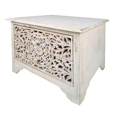 Olta 24 Inch Handcrafted Mango Wood Nightstand Side Table, 2 Drawers, Floral Carved Cut Out Design, Antique White