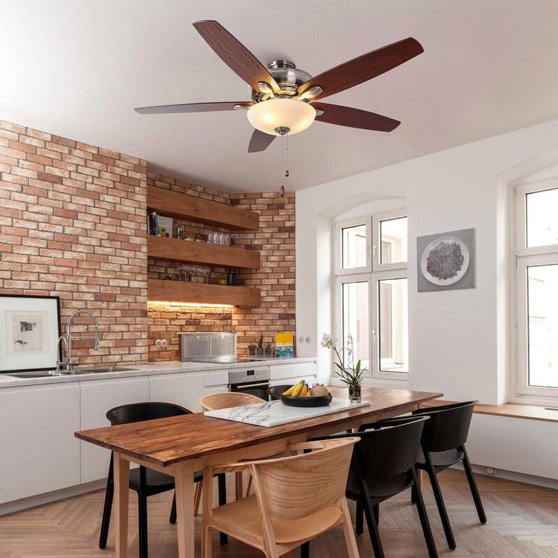 52-inch Traditional Nickel Frosted Glass Ceiling Fan with Light and Pull Chain - Polished Nickel